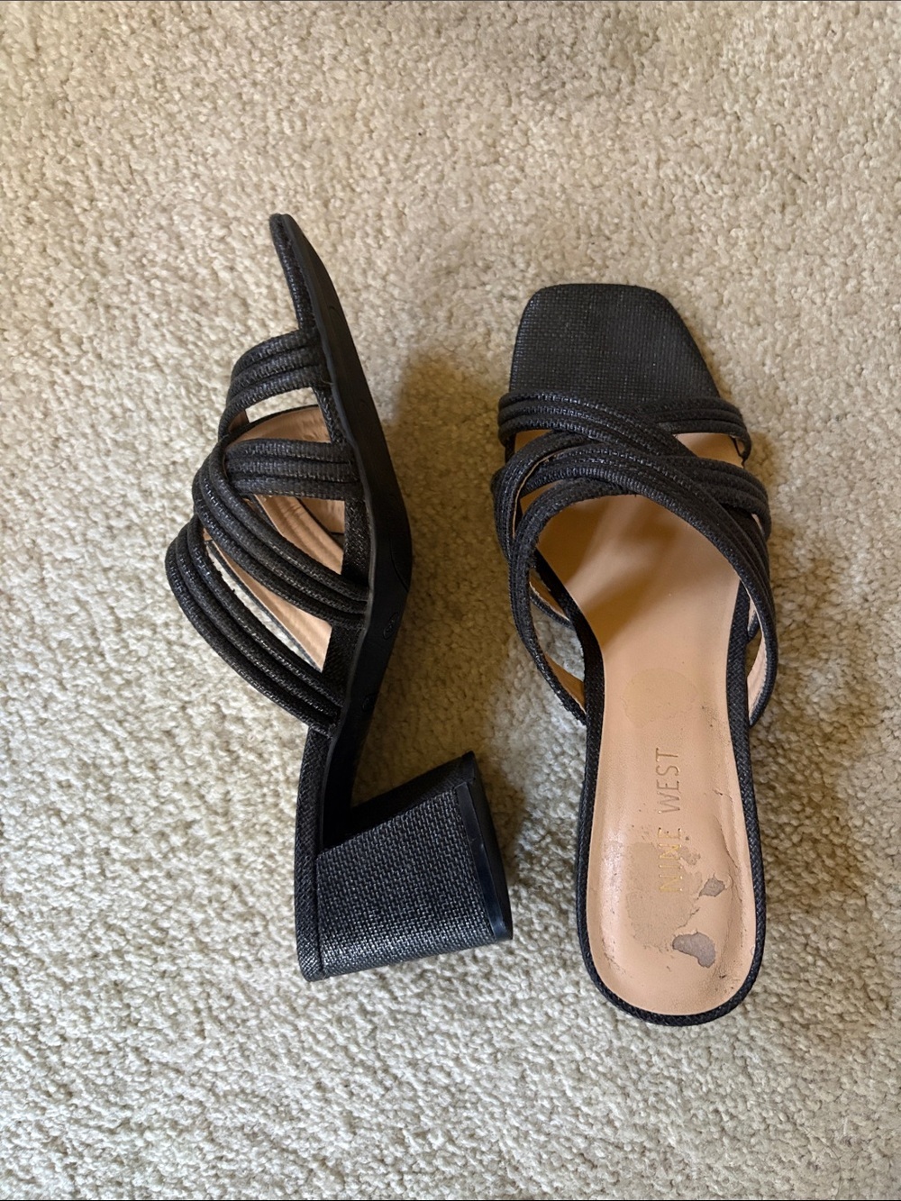 Nine West Textured Black Strappy Block Heel Mules